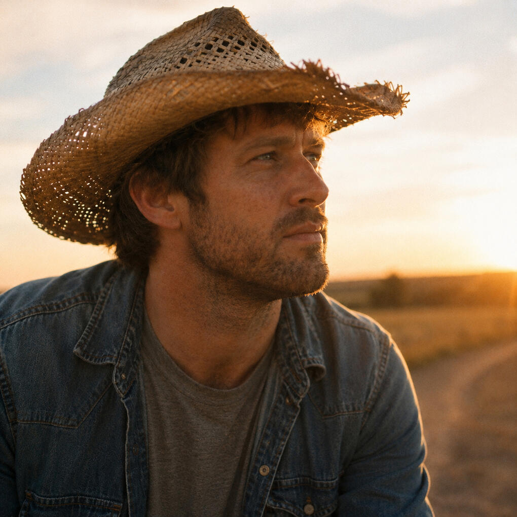 a man in his late 30s with light stubble in a straw cowboy hat stares in profile at the sunset